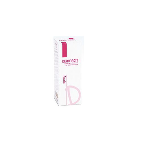 Dermacit spray flacone cilindrico in pe bianco con tasto erogatore spray in pp bianco e cappuccio salvatasto trasparente,disposi