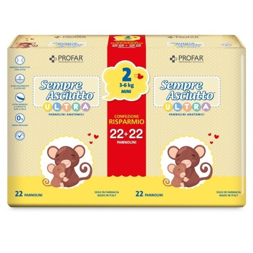 Pannolini profar sempre asciutto ultra mini 3/6 kg bipacco 22+22 pezzi
